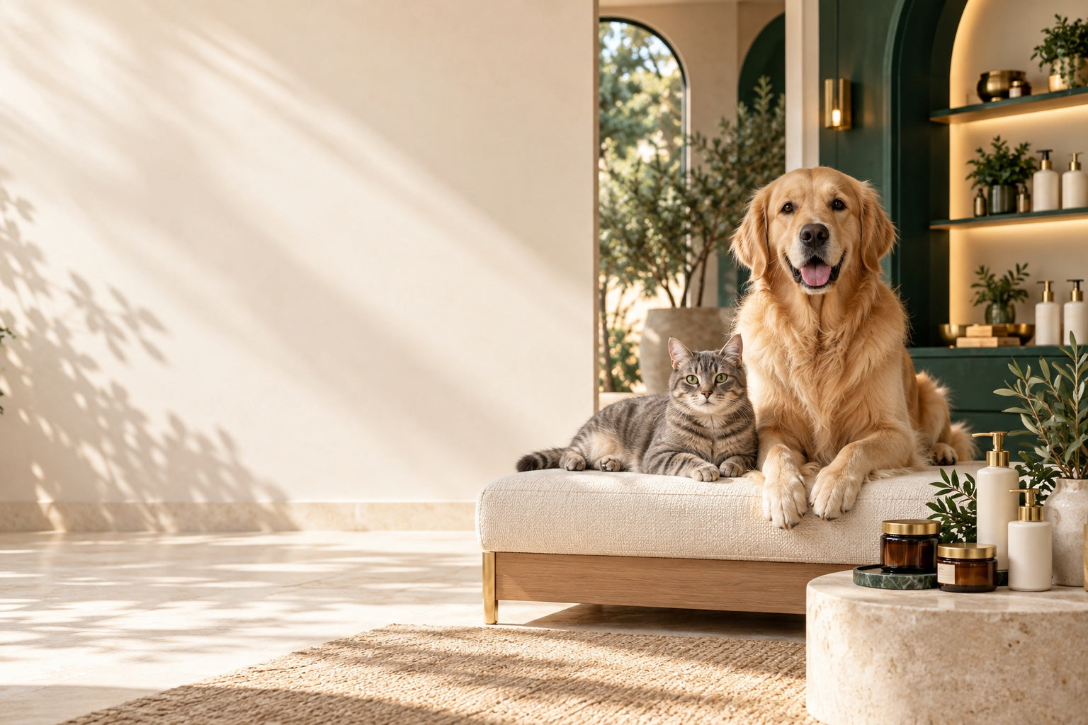 Un chien golden retriever et un chat dans un intérieur chaleureux vert forêt et ivoire